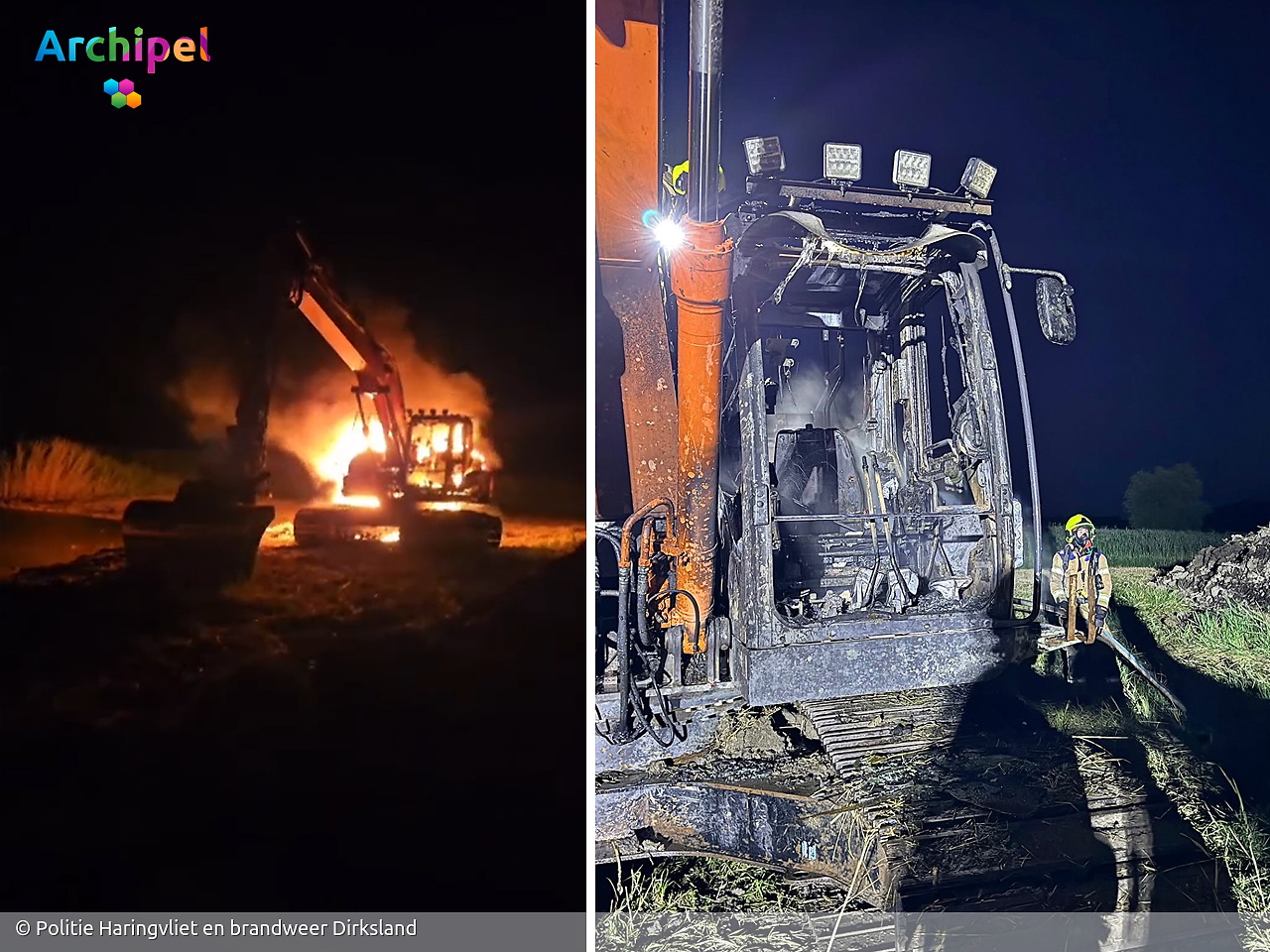 Graafmachine uitgebrand bij vermoedelijke brandstichting in Dirksland - FlakkeeNieuws Goeree-Overflakkee
